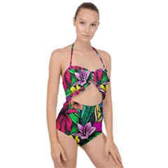 Hibiscus Flower Plant Tropical Scallop Top Cut Out Swimsuit by Pakrebo