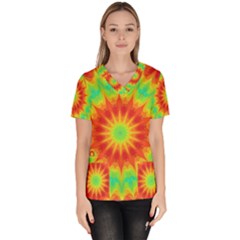 Kaleidoscope Background Mandala Red Green Women s V-neck Scrub Top by Mariart