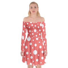 Polka Dot On Living Coral Off Shoulder Skater Dress by LoolyElzayat