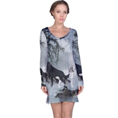 Awesome Black And White Wolf In The Dark Night Long Sleeve Nightdress by FantasyWorld7