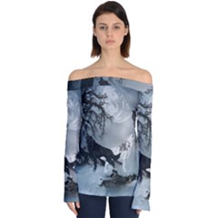 Awesome Black And White Wolf In The Dark Night Off Shoulder Long Sleeve Top by FantasyWorld7