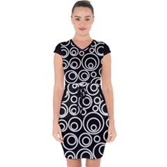 Abstract White On Black Circles Design Capsleeve Drawstring Dress  by LoolyElzayat