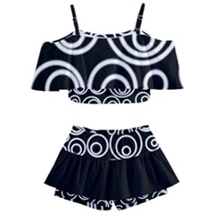 Abstract White On Black Circles Design Kids  Off Shoulder Skirt Bikini by LoolyElzayat