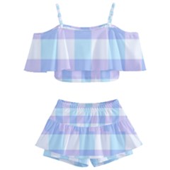 Gingham Duo Aqua On Lavender Kids  Off Shoulder Skirt Bikini by retrotoomoderndesigns