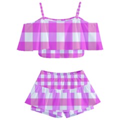 Gingham Duo Fuschia On Pink Kids  Off Shoulder Skirt Bikini by retrotoomoderndesigns