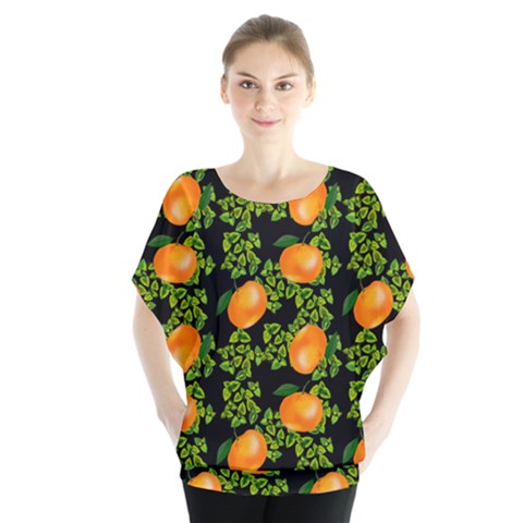 Citrus Tropical Orange Black Batwing Chiffon Blouse by snowwhitegirl