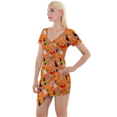 Halloween Treats Pattern Orange Short Sleeve Asymmetric Mini Dress by snowwhitegirl