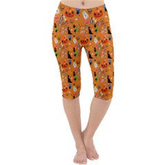 Halloween Treats Pattern Orange Lightweight Velour Cropped Yoga Leggings by snowwhitegirl