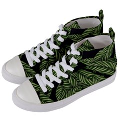 Tropical Leaves On Black Women s Mid-top Canvas Sneakers by snowwhitegirl