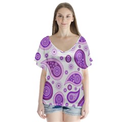 Retro Paisley Purple V-neck Flutter Sleeve Top by snowwhitegirl