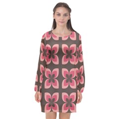 Retro Flower Pink Brown Long Sleeve Chiffon Shift Dress  by snowwhitegirl