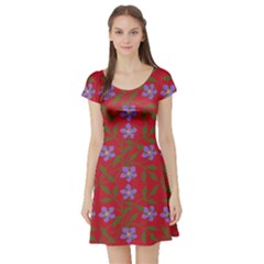 Red With Purple Flowers Short Sleeve Skater Dress by snowwhitegirl