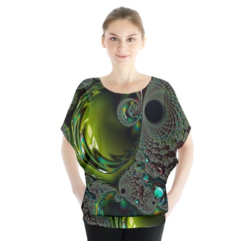 Fractal Intensive Green Olive Batwing Chiffon Blouse by Pakrebo