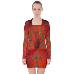 Wonderful Celtic Cross On Vintage Background V-neck Bodycon Long Sleeve Dress by FantasyWorld7