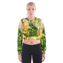 Awesome Funny Mushroom Skulls With Roses And Fire Cropped Sweatshirt by FantasyWorld7