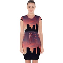 Skyline Panoramic City Architecture Capsleeve Drawstring Dress  by Sudhe