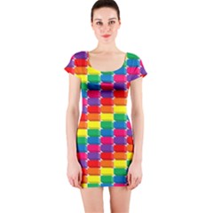 Rainbow 3d Cubes Red Orange Short Sleeve Bodycon Dress by Sudhe