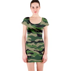 Green Military Vector Pattern Texture Short Sleeve Bodycon Dress by Sudhe