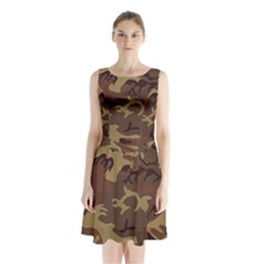 Camo Dark Brown Sleeveless Waist Tie Chiffon Dress by retrotoomoderndesigns