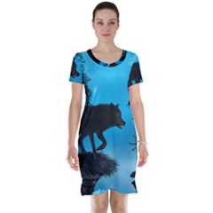 Awesome Black Wolf With Crow And Spider Short Sleeve Nightdress by FantasyWorld7