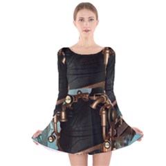 Spirit Of Steampunk, Awesome Train In The Sky Long Sleeve Velvet Skater Dress by FantasyWorld7