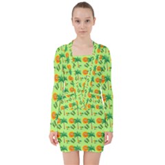 Holiday Tropical Smiley Face Palm V-neck Bodycon Long Sleeve Dress by Pakrebo