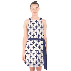 Pattern Ink Blue Navy Crosses Grunge Flesh And Navy Pattern Ink Crosses Grunge Flesh Beige Background Halter Collar Waist Tie Chiffon Dress by genx