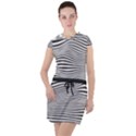 Retro Psychedelic Waves pattern 80s Black and White Drawstring Hooded Dress View1