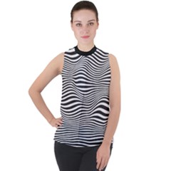 Retro Psychedelic Waves Pattern 80s Black And White Mock Neck Chiffon Sleeveless Top by genx