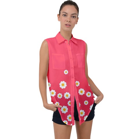 Flowers White Daisies Pattern Red Background Flowers White Daisies Pattern Red Bottom Sleeveless Chiffon Button Shirt by genx