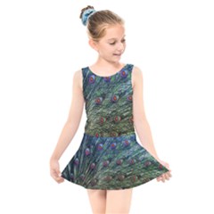 Peacock Feathers Colorful Feather Kids  Skater Dress Swimsuit by Pakrebo