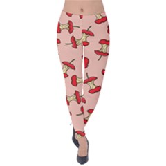 Red Apple Core Funny Retro Pattern Half Eaten On Pastel Orange Background Velvet Leggings by genx