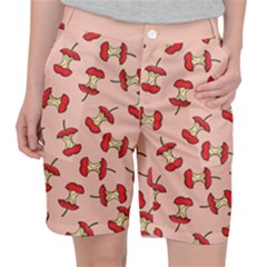 Red Apple Core Funny Retro Pattern Half Eaten On Pastel Orange Background Pocket Shorts by genx