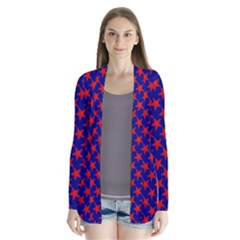 Red Stars Pattern On Blue Drape Collar Cardigan by BrightVibesDesign