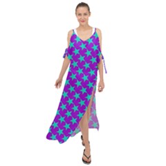 Turquoise Stars Pattern On Purple Maxi Chiffon Cover Up Dress by BrightVibesDesign