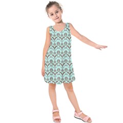 Easter Damask Pattern Robins Egg Blue And Brown Kids  Sleeveless Dress by emilyzragz