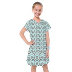 Easter Damask Pattern Robins Egg Blue And Brown Kids  Drop Waist Dress by emilyzragz