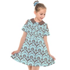 Easter Damask Pattern Robins Egg Blue And Brown Kids  Short Sleeve Shirt Dress by emilyzragz