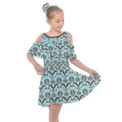 Easter Damask Pattern Robins Egg Blue And Brown Kids  Shoulder Cutout Chiffon Dress by emilyzragz