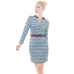 Easter Damask Pattern Robins Egg Blue And Brown Button Long Sleeve Dress by emilyzragz