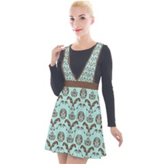 Easter Damask Pattern Robins Egg Blue And Brown Plunge Pinafore Velour Dress by emilyzragz