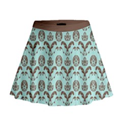 Easter Damask Pattern Robins Egg Blue And Brown Mini Flare Skirt by emilyzragz