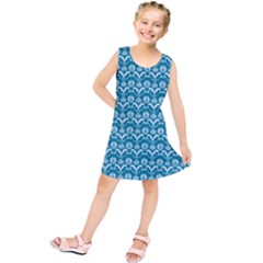 Easter Damask Pattern Deep Teal Blue And White Kids  Tunic Dress by emilyzragz