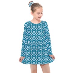 Easter Damask Pattern Deep Teal Blue And White Kids  Long Sleeve Dress by emilyzragz