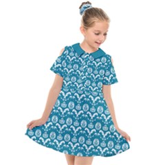 Easter Damask Pattern Deep Teal Blue And White Kids  Short Sleeve Shirt Dress by emilyzragz