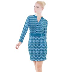 Easter Damask Pattern Deep Teal Blue And White Button Long Sleeve Dress by emilyzragz