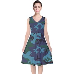 Camouflage Blue V-neck Midi Sleeveless Dress  by snowwhitegirl