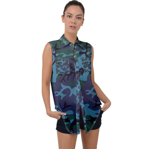 Camouflage Blue Sleeveless Chiffon Button Shirt by snowwhitegirl