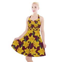 Yellow Daffodils Pattern Halter Party Swing Dress  by Valentinaart