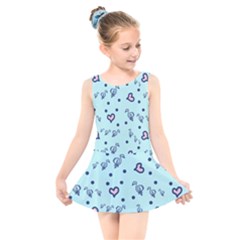 Duck Family Blue Pink Hearts Pattern Kids  Skater Dress Swimsuit by snowwhitegirl